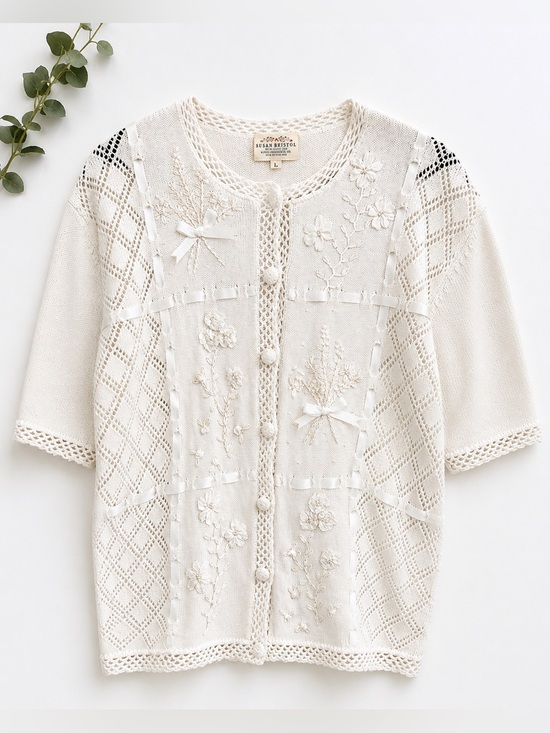Susan Bristol Sweaters - Susan Bristol Hand Embroidered Cardigan Cottagecore Granny Chic Floral Large G47